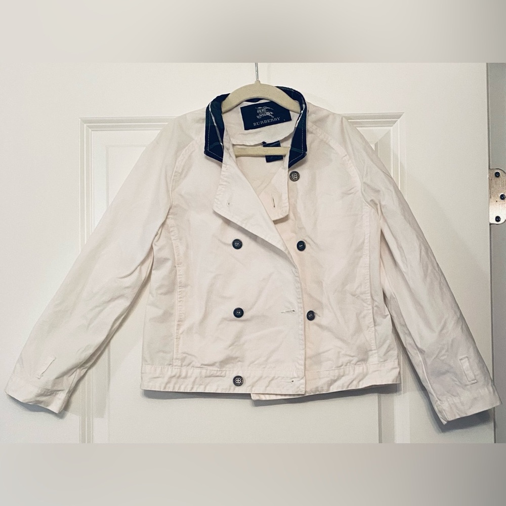 Burberry White Double breasted jacket, unlined, Burberry plaid at collar, size 8